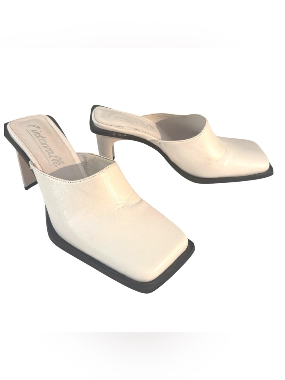 L’ Intervalle Handcrafted European White Leather Square-Toe Mule Heels